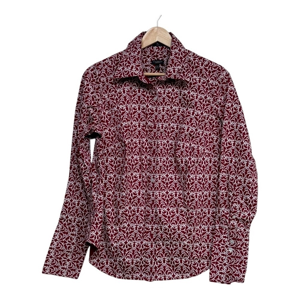 Talbots Woman‎ Petites Red White Scroll Print Stretch Button Down Shirt 12WP